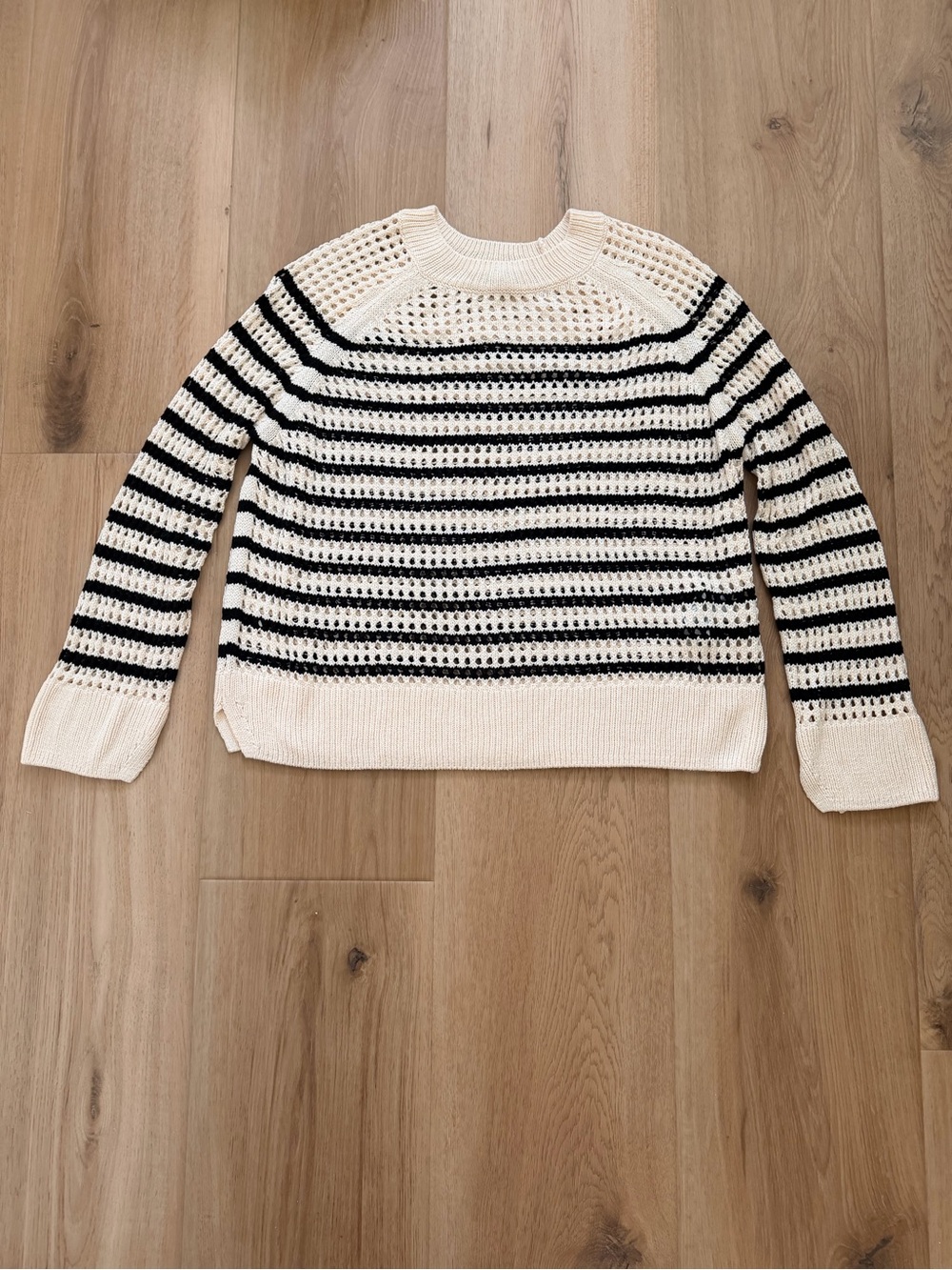 All Saints Cream and Black Striped Open-Weave Crewneck Sweater